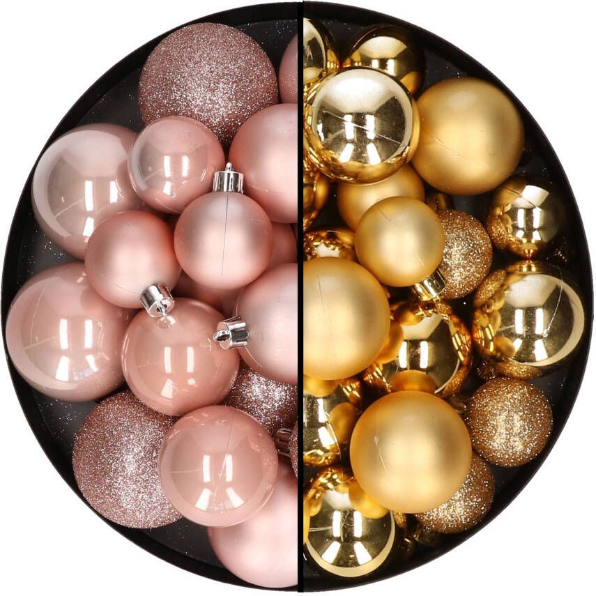 Decoris Kerstballen 60x stuks mix goud lichtroze 4-5-6 cm kunststof Kerstbal