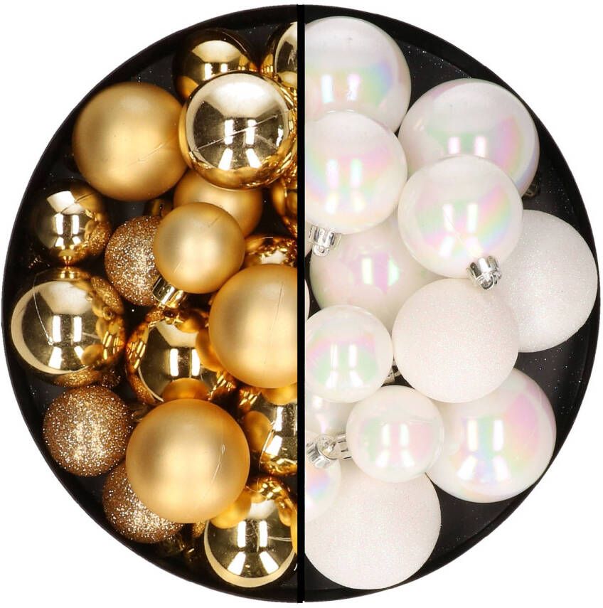 Decoris Kerstballen 60x stuks mix goud parelmoer wit 4-5-6 cm kunststof Kerstbal