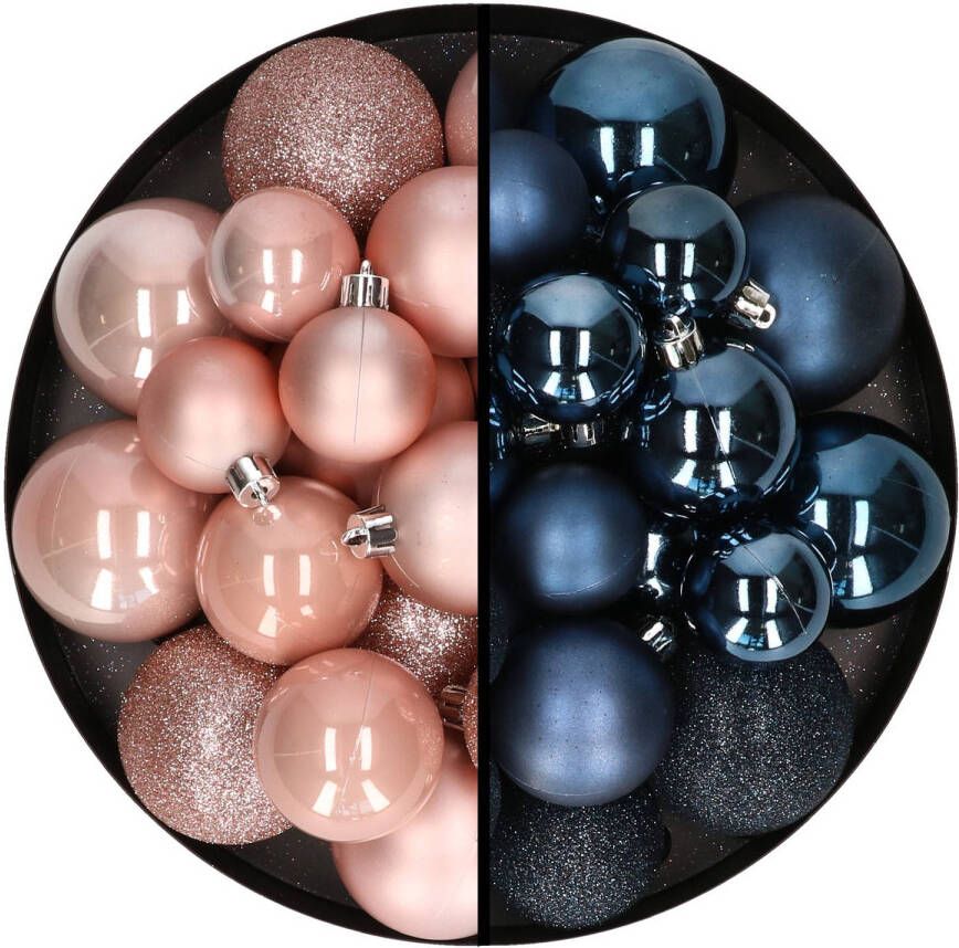 Decoris Kerstballen 60x stuks mix lichtroze donkerblauw 4-5-6 cm kunststof Kerstbal