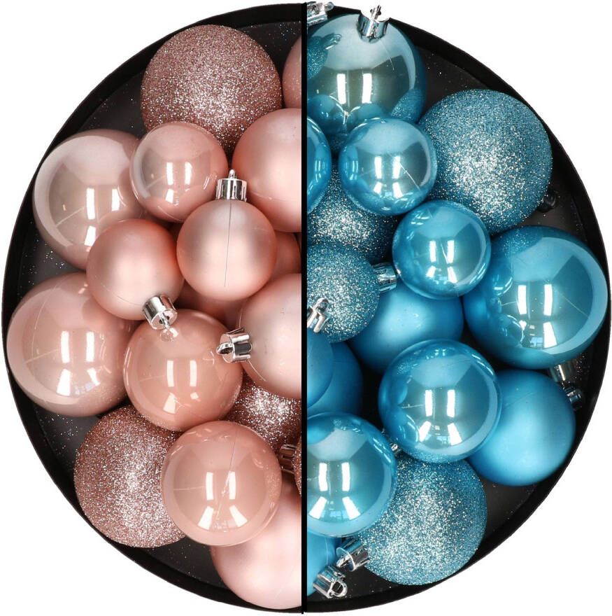 Decoris Kerstballen 60x stuks mix lichtroze ijsblauw 4-5-6 cm kunststof Kerstbal