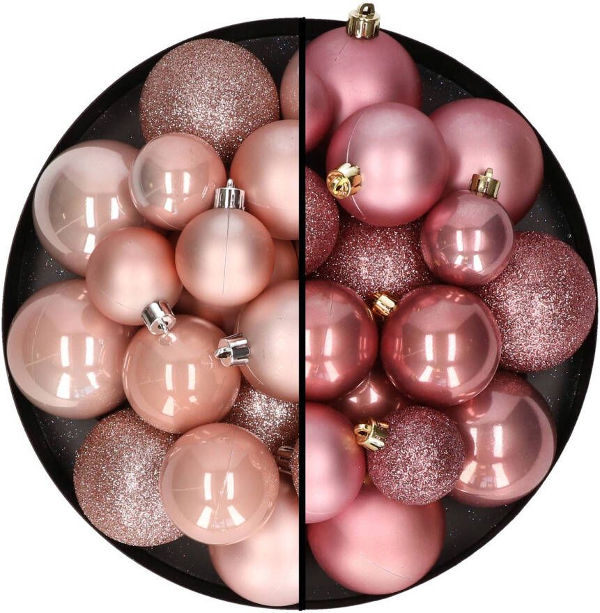 Decoris Kerstballen 60x stuks mix lichtroze oudroze 4-5-6 cm kunststof Kerstbal