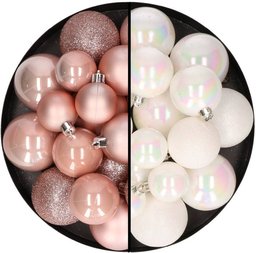 Decoris Kerstballen 60x stuks mix lichtroze parelmoer wit 4-5-6 cm kunststof Kerstbal