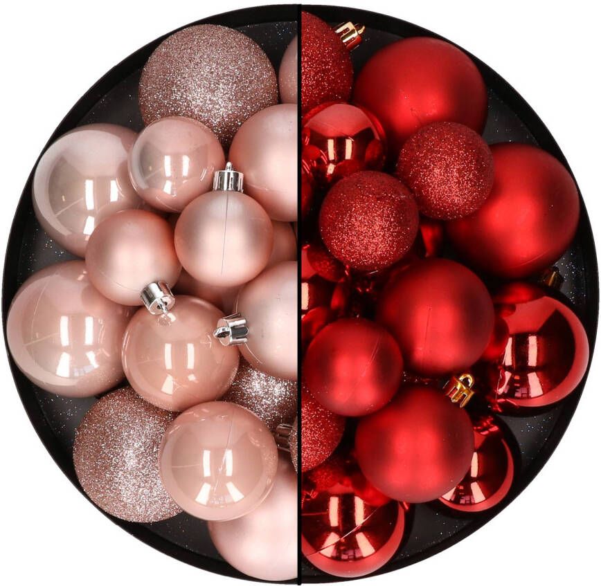 Decoris Kerstballen 60x stuks mix lichtroze rood 4-5-6 cm kunststof Kerstbal