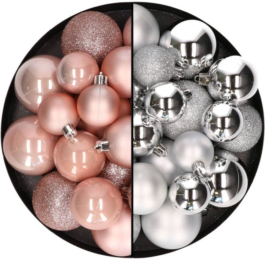 Decoris Kerstballen 60x stuks mix lichtroze zilver 4-5-6 cm kunststof Kerstbal