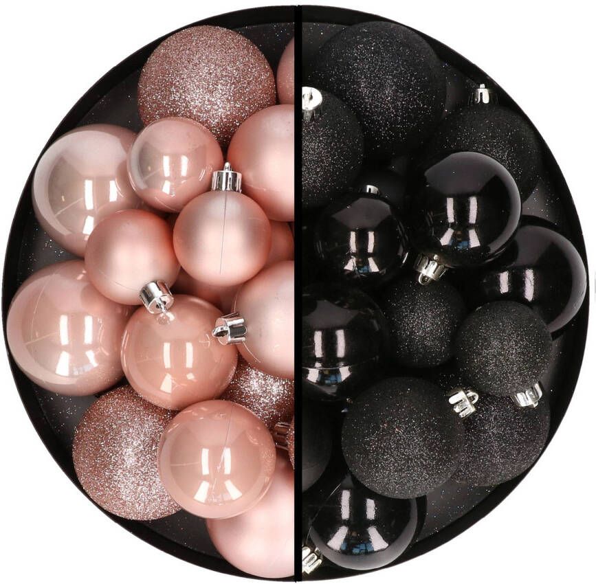 Decoris Kerstballen 60x stuks mix lichtroze zwart 4-5-6 cm kunststof Kerstbal