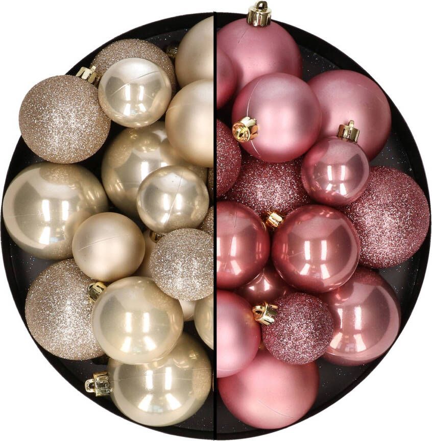 Decoris Kerstballen 60x stuks mix oudroze champagne 4-5-6 cm kunststof Kerstbal