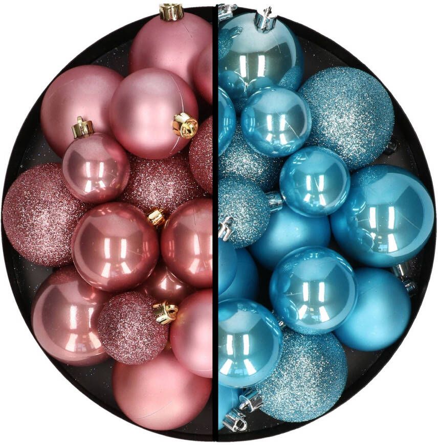 Decoris Kerstballen 60x stuks mix oudroze ijsblauw 4-5-6 cm kunststof Kerstbal