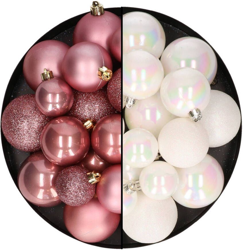 Decoris Kerstballen 60x stuks mix oudroze parelmoer wit 4-5-6 cm kunststof Kerstbal