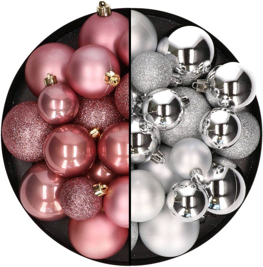 Decoris Kerstballen 60x stuks mix oudroze zilver 4-5-6 cm kunststof Kerstbal