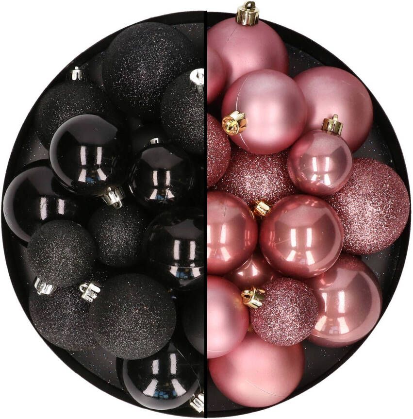 Decoris Kerstballen 60x stuks mix oudroze zwart 4-5-6 cm kunststof Kerstbal