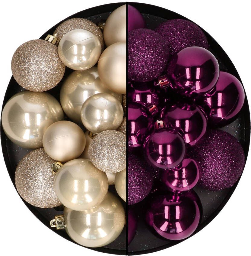 Decoris Kerstballen 60x stuks mix paars champagne 4-5-6 cm kunststof Kerstbal