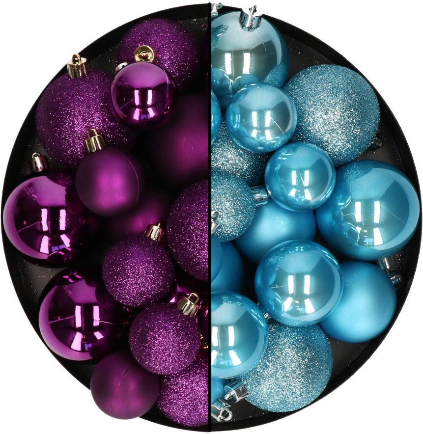 Decoris Kerstballen 60x stuks mix paars ijsblauw 4-5-6 cm kunststof Kerstbal