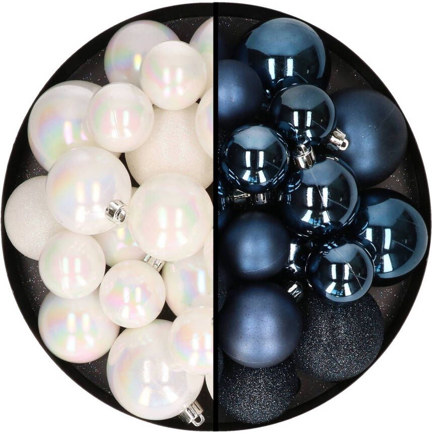 Decoris Kerstballen 60x stuks mix parelmoer wit donkerblauw 4-5-6 cm kunststof Kerstbal