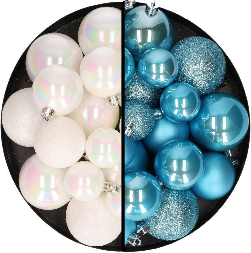 Decoris Kerstballen 60x stuks mix parelmoer wit ijsblauw 4-5-6 cm kunststof Kerstbal