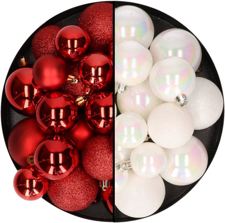 Decoris Kerstballen 60x stuks mix parelmoer wit rood 4-5-6 cm kunststof Kerstbal