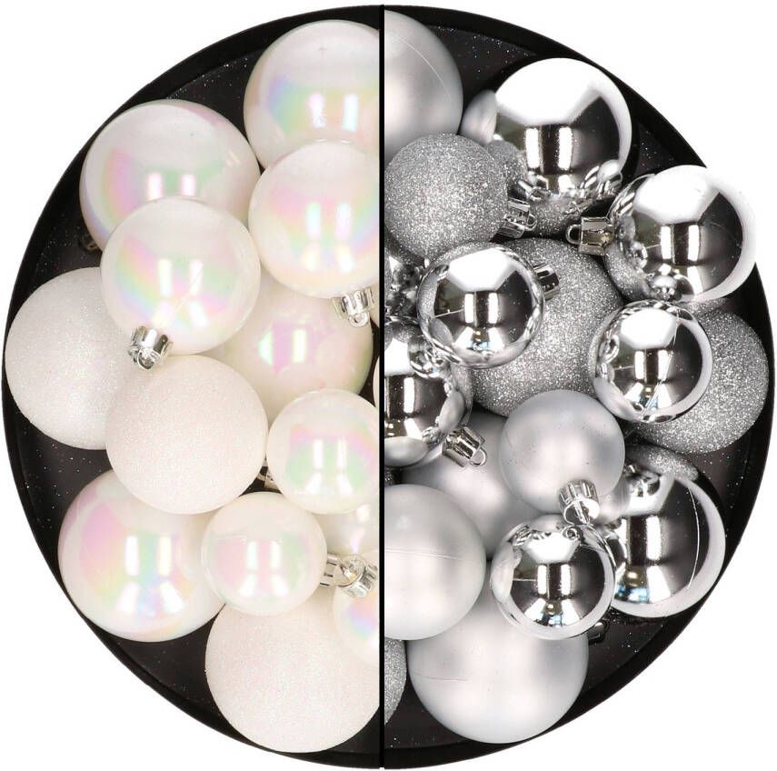 Decoris Kerstballen 60x stuks mix parelmoer wit zilver 4-5-6 cm kunststof Kerstbal