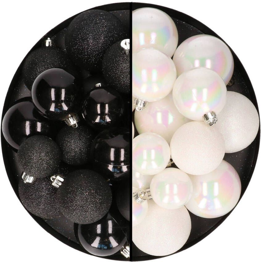 Decoris Kerstballen 60x stuks mix parelmoer wit zwart 4-5-6 cm kunststof Kerstbal
