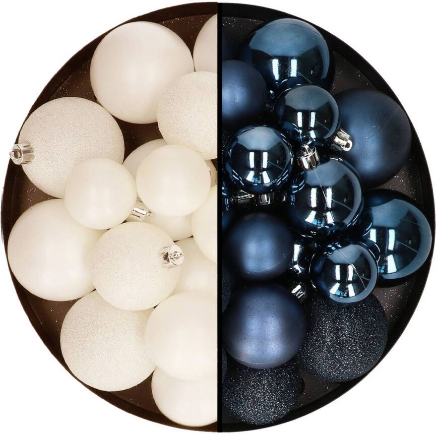 Decoris Kerstballen 60x stuks mix wol wit donkerblauw 4-5-6 cm kunststof Kerstbal