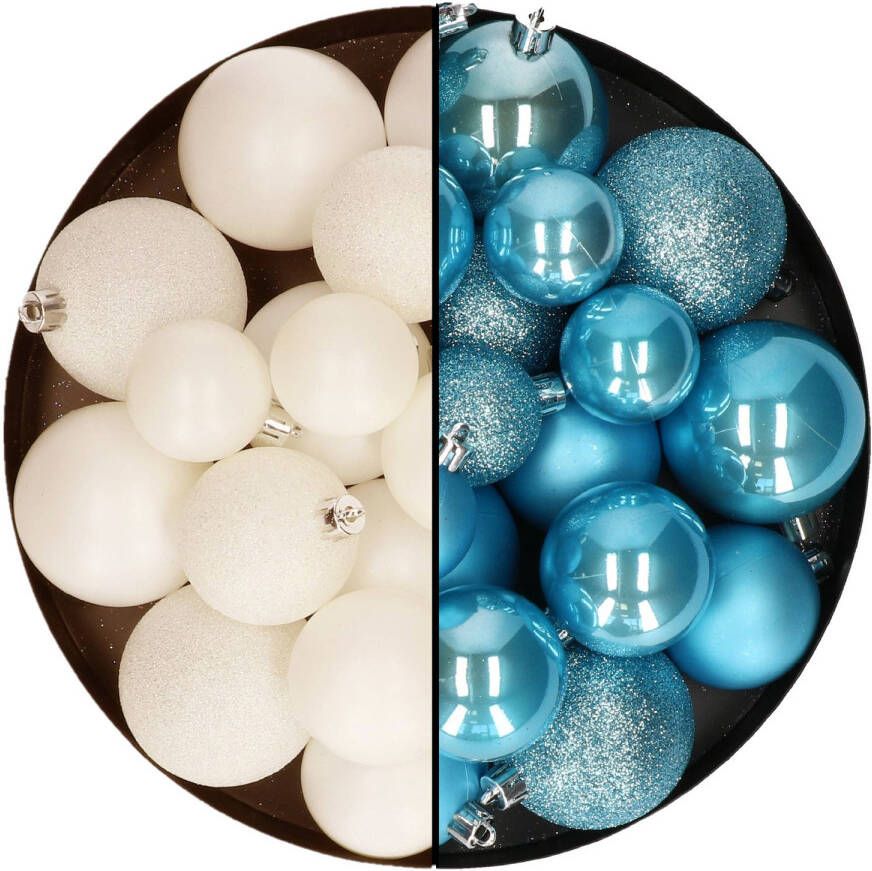 Decoris Kerstballen 60x stuks mix wol wit ijsblauw 4-5-6 cm kunststof Kerstbal