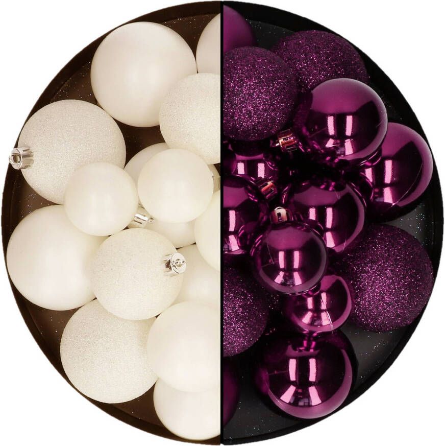 Decoris Kerstballen 60x stuks mix wol wit paars 4-5-6 cm kunststof Kerstbal