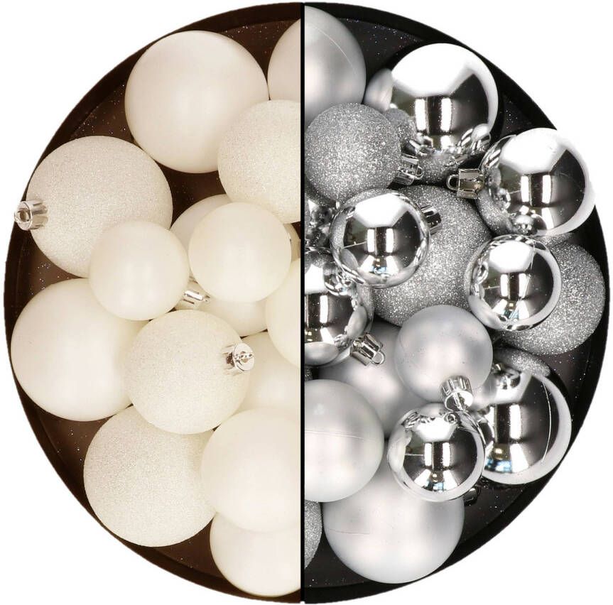 Decoris Kerstballen 60x stuks mix wol wit zilver 4-5-6 cm kunststof Kerstbal
