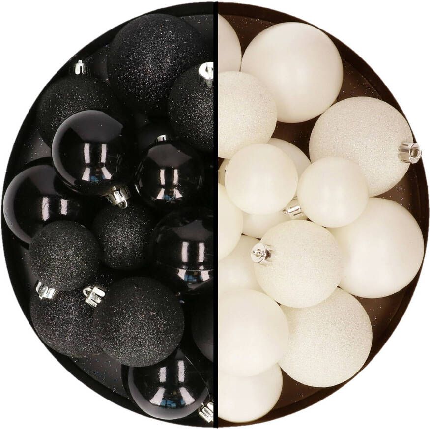 Decoris Kerstballen 60x stuks mix wol wit zwart 4-5-6 cm kunststof Kerstbal