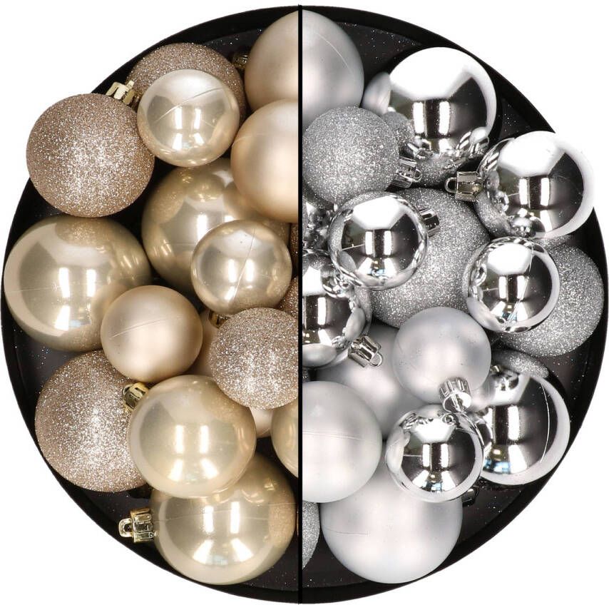 Decoris Kerstballen 60x stuks mix zilver champagne 4-5-6 cm kunststof Kerstbal