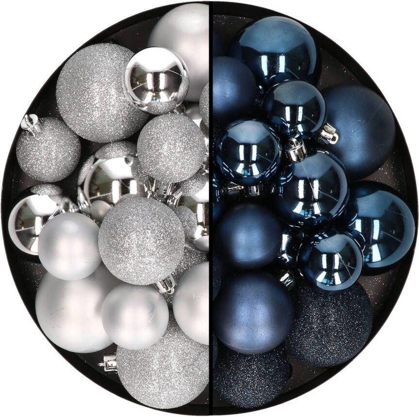 Decoris Kerstballen 60x stuks mix zilver donkerblauw 4-5-6 cm kunststof Kerstbal