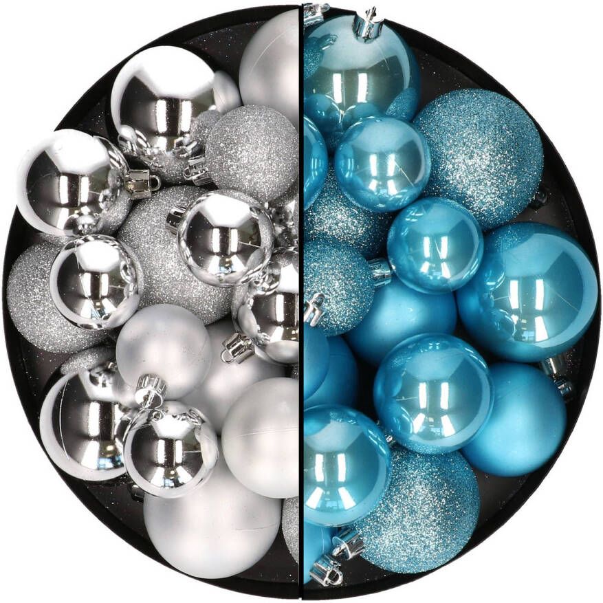 Decoris Kerstballen 60x stuks mix zilver ijsblauw 4-5-6 cm kunststof Kerstbal
