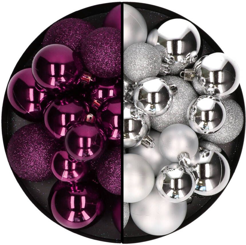 Decoris Kerstballen 60x stuks mix zilver paars 4-5-6 cm kunststof Kerstbal