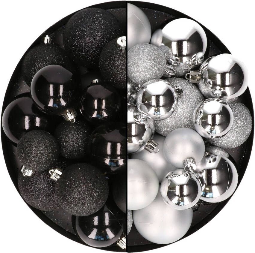 Decoris Kerstballen 60x stuks mix zilver zwart 4-5-6 cm kunststof Kerstbal