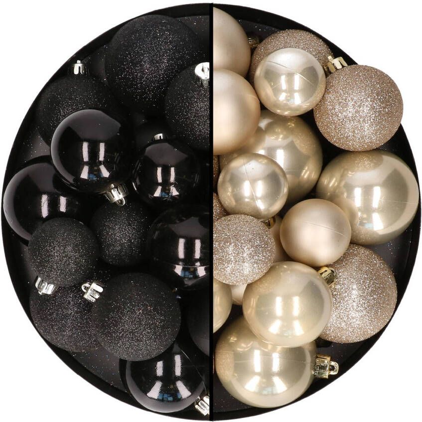 Decoris Kerstballen 60x stuks mix zwart champagne 4-5-6 cm kunststof Kerstbal