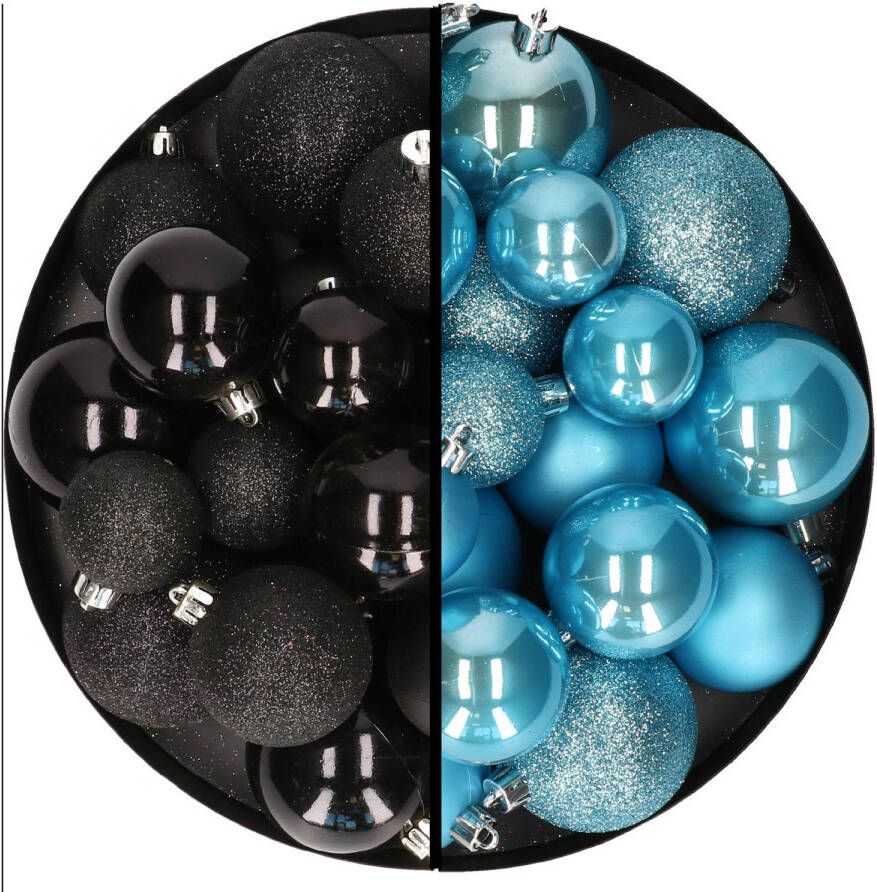 Decoris Kerstballen 60x stuks mix zwart ijsblauw 4-5-6 cm kunststof Kerstbal