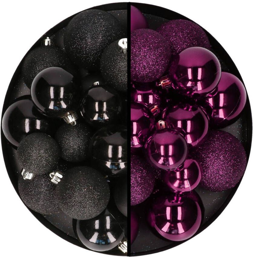 Decoris Kerstballen 60x stuks mix zwart paars 4-5-6 cm kunststof Kerstbal