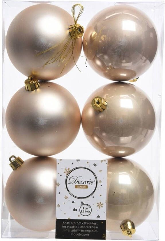 Decoris 6x Kunststof kerstballen glanzend mat licht parel champagne 8 cm kerstboom versiering decoratie Kerstbal