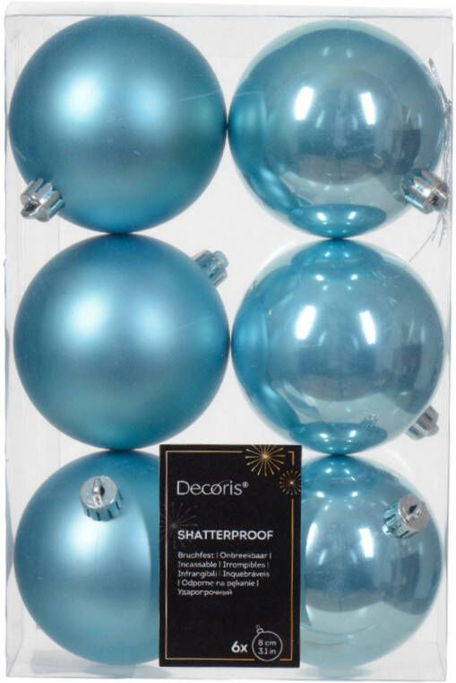 Decoris kerstballen 6x ijs blauw 8 cm -kunststof Kerstbal