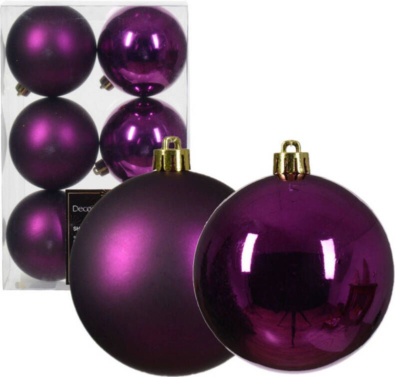 Decoris kerstballen 6x paars 8 cm -kunststof Kerstbal