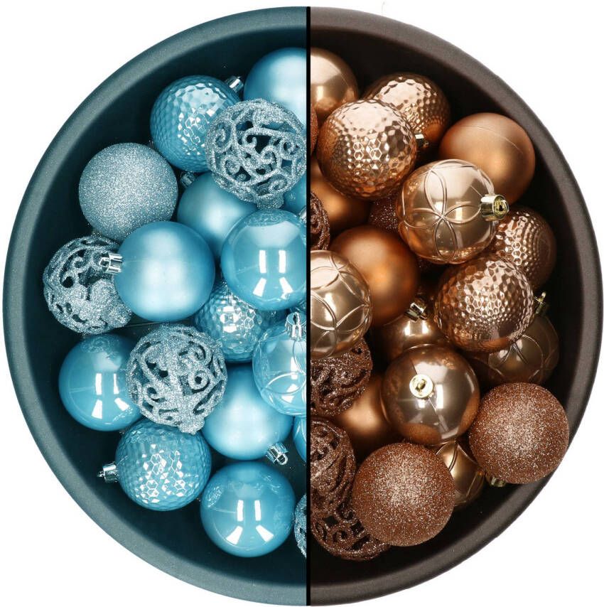 Decoris kerstballen 74x st camel bruin en ijsblauw 6 cm kunststof Kerstbal