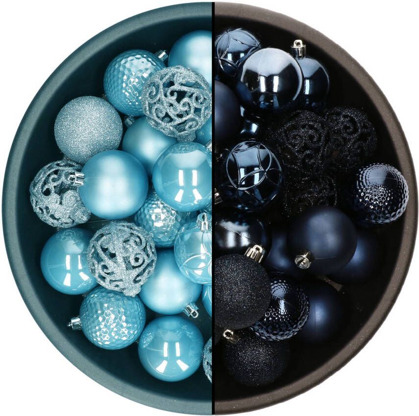 Decoris kerstballen 74x st donkerblauw en ijsblauw 6 cm kunststof Kerstbal