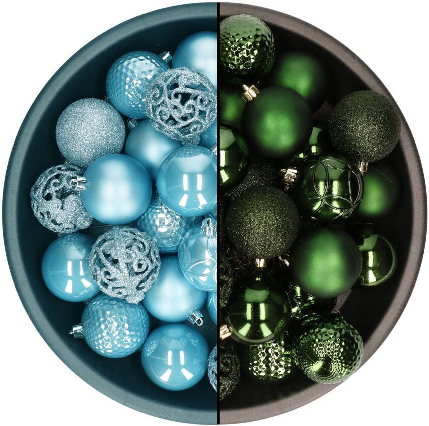 Decoris kerstballen 74x st donkergroen en ijsblauw 6 cm kunststof Kerstbal