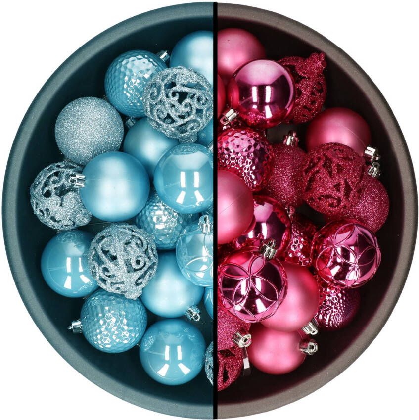 Decoris kerstballen 74x st fuchsia roze en ijsblauw 6 cm kunststof Kerstbal