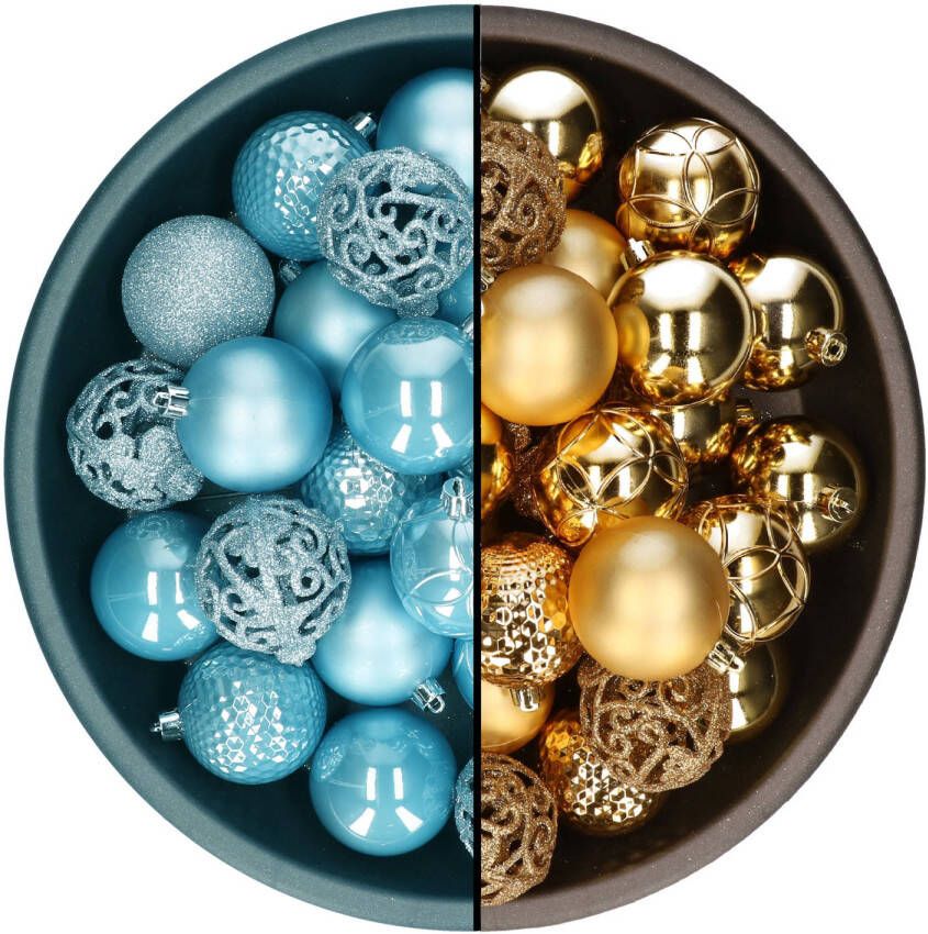 Decoris kerstballen 74x st goud en ijsblauw 6 cm kunststof Kerstbal
