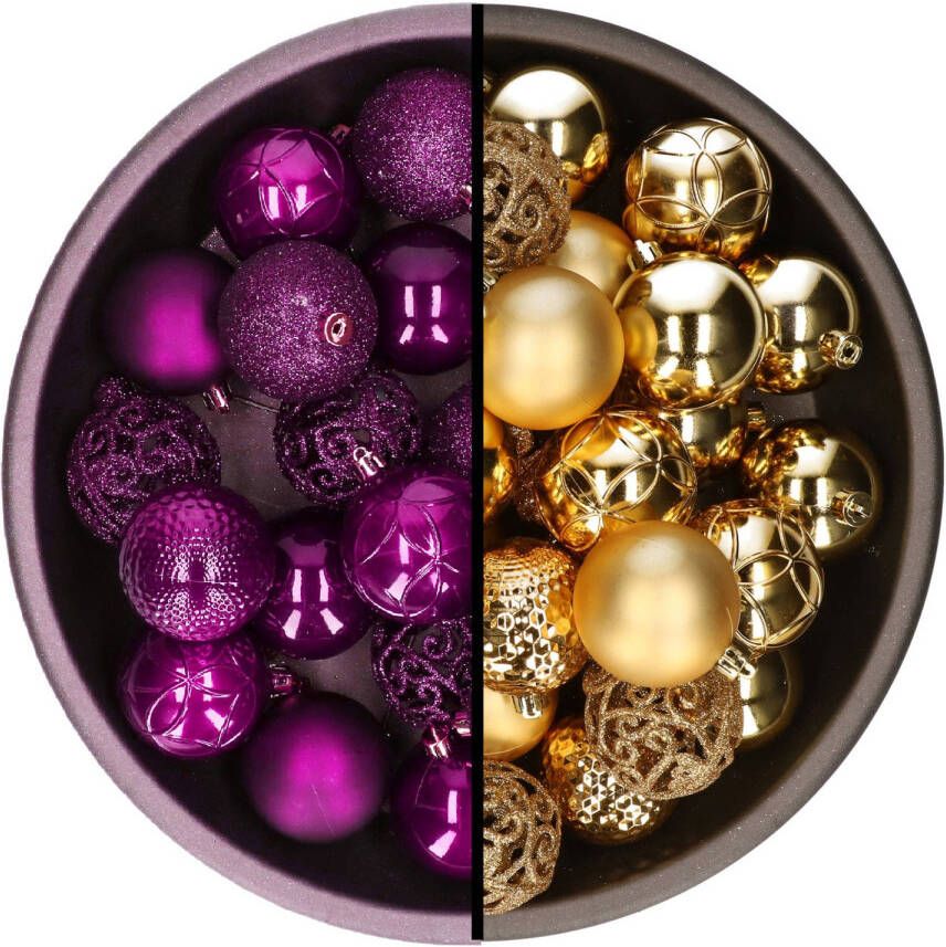 Decoris kerstballen 74x st goud en paars 6 cm kunststof Kerstbal