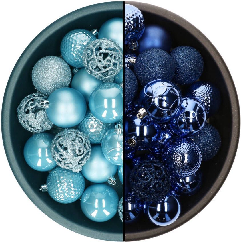 Decoris kerstballen 74x st kobalt blauw en ijsblauw 6 cm kunststof Kerstbal