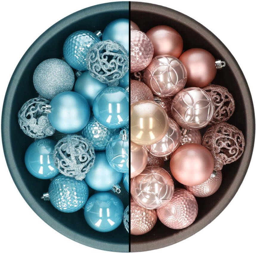 Decoris kerstballen 74x st lichtroze en ijsblauw 6 cm kunststof Kerstbal