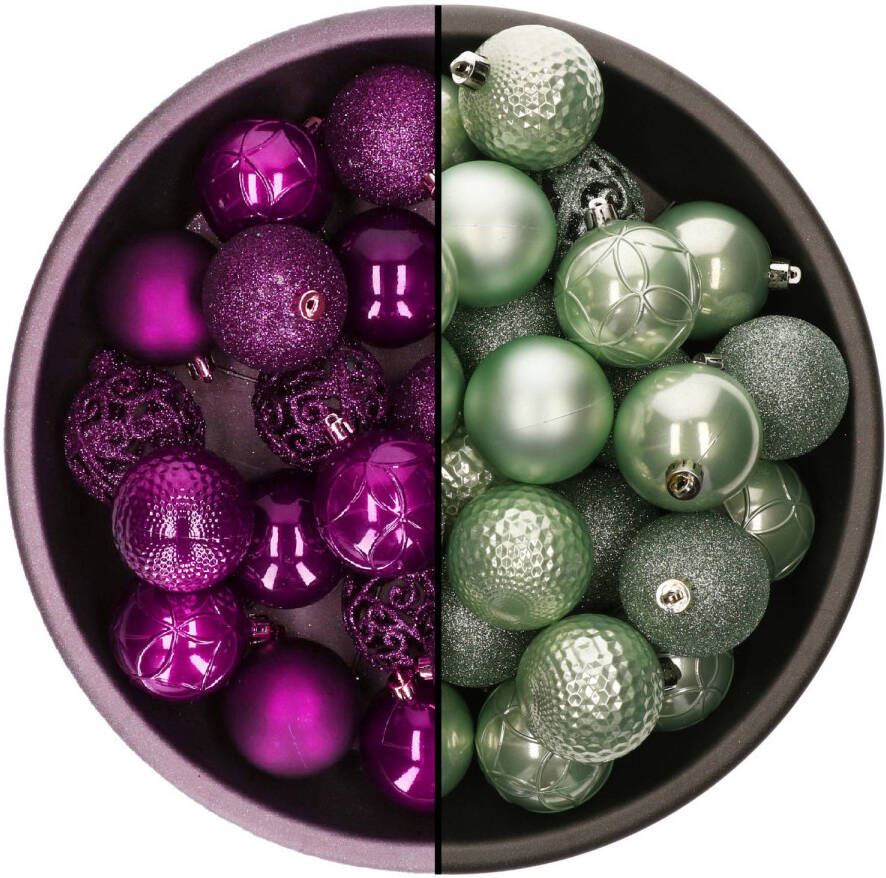 Decoris kerstballen 74x st mintgroen (eucalyptus) en paars 6 cm kunststof Kerstbal