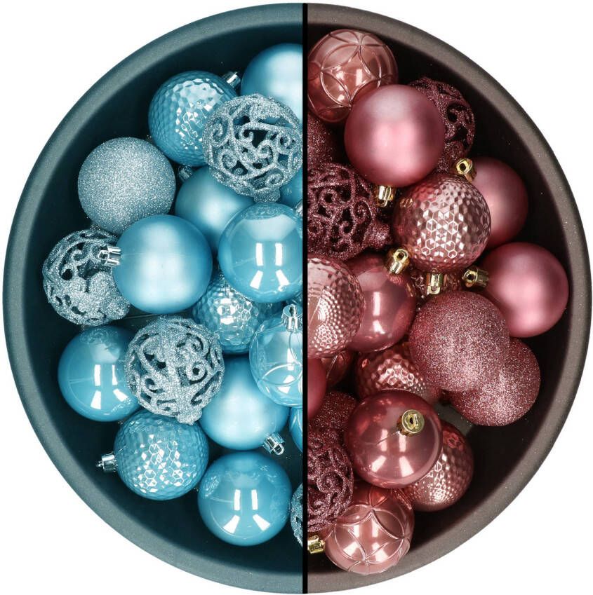 Decoris kerstballen 74x st oudroze en ijsblauw 6 cm kunststof Kerstbal