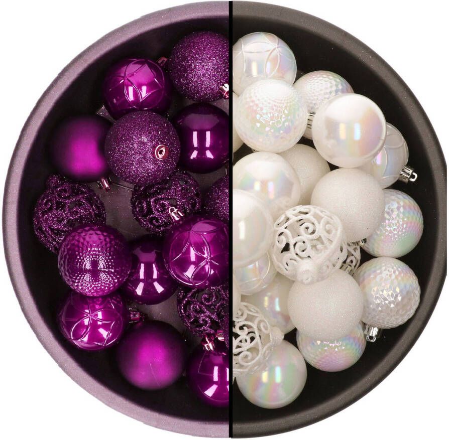Decoris kerstballen 74x st parelmoer wit en paars 6 cm kunststof Kerstbal