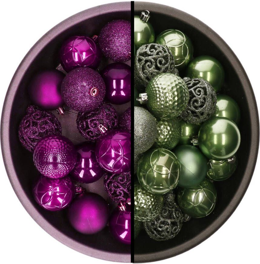 Decoris kerstballen 74x st salie groen en paars 6 cm kunststof Kerstbal