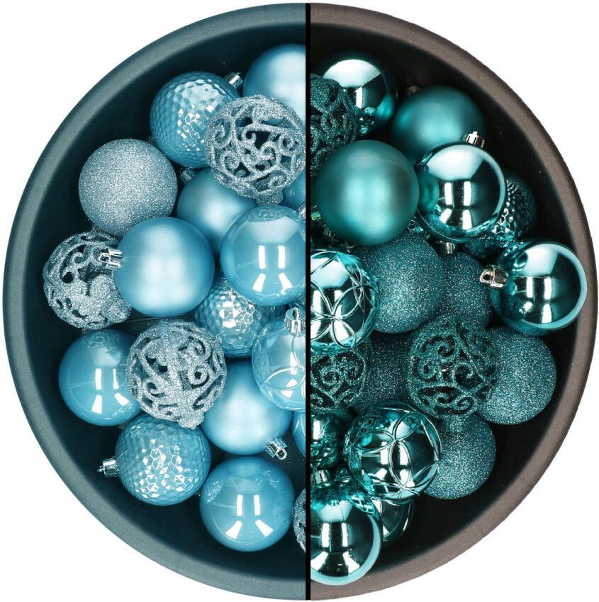 Decoris kerstballen 74x st turquoise blauw en ijsblauw 6 cm kunststof Kerstbal